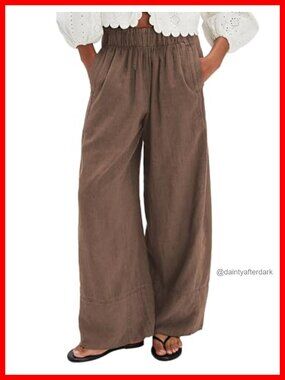 Linen Cotton Wide Leg Palazzo Pants Pleated High Rise Elastic Waist